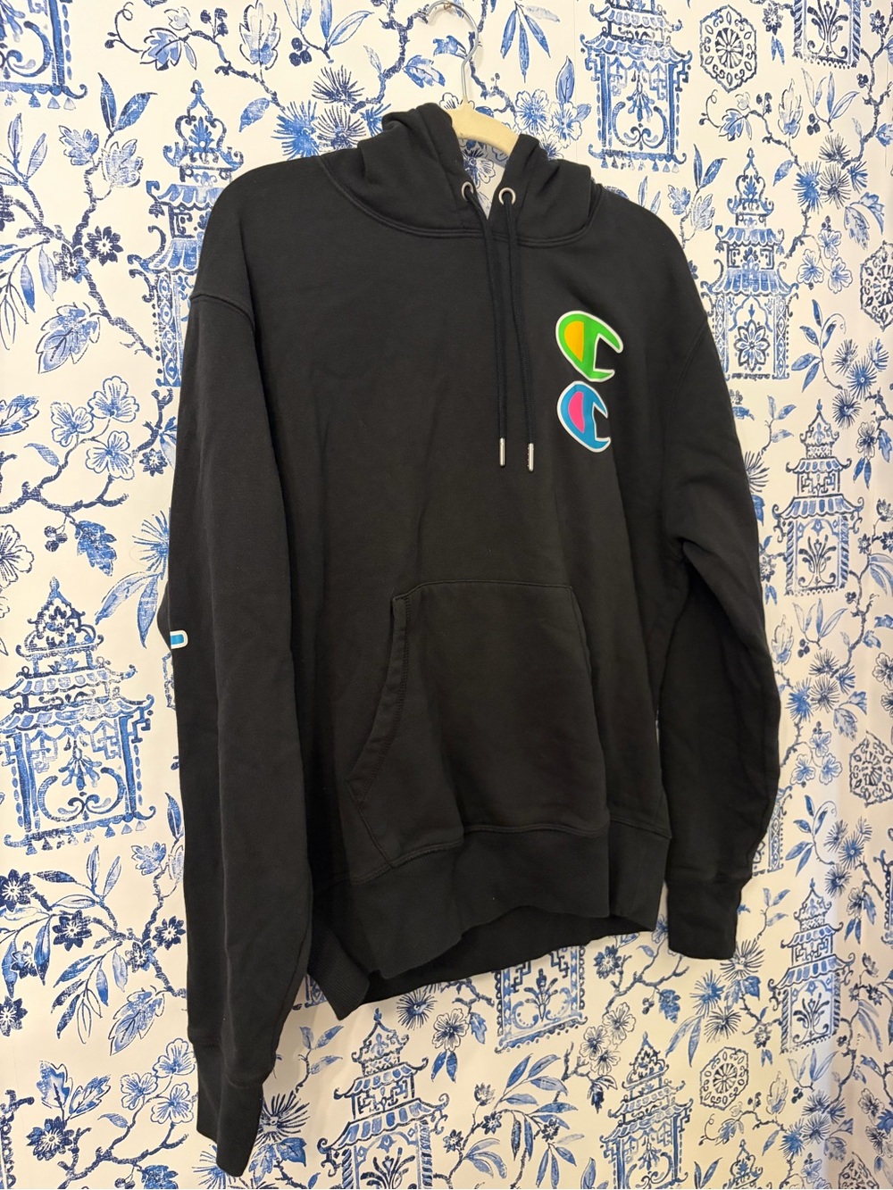 Champion Black Hoodie with Bright Green & Blue Logo